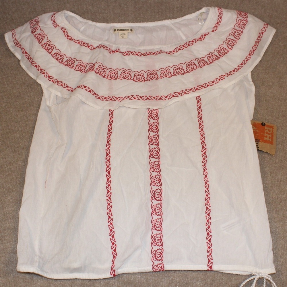 RuffHewn White Red Embroidered‎ Ruffle Off Shoulder Boho Peasant Top NWT PXL